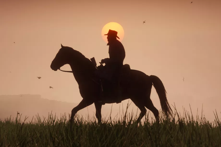 Cowboy riding at sunset